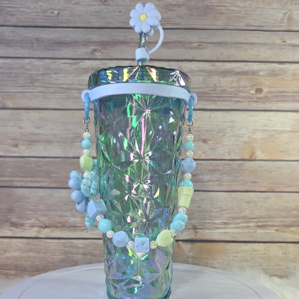 Iridescent Faceted Tumbler with Pastel Beaded Strap